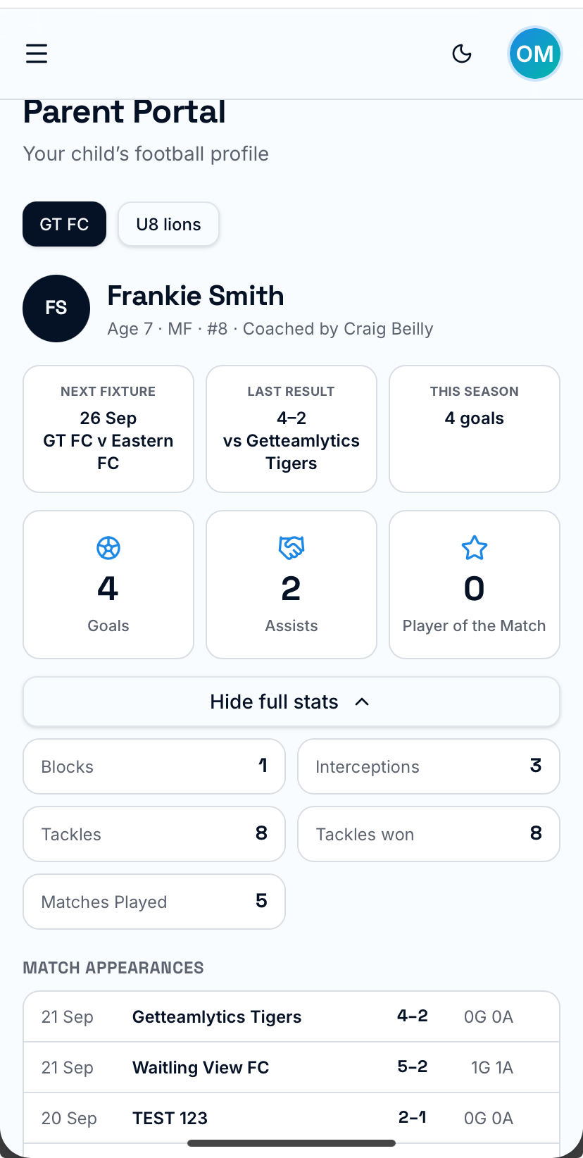 Parent Portal showing a player's private season view