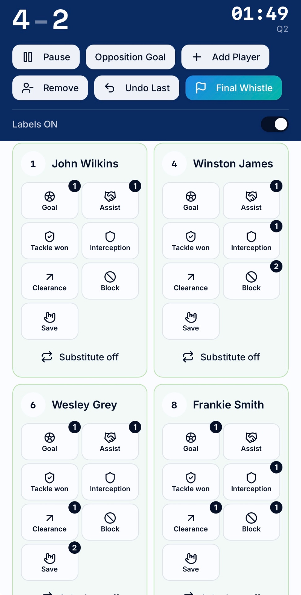 GetTeamlytics Live Match showing the score, clock and one tap player actions